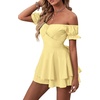 image:imageLYANER Womens Summer Off The Shoulder Wrap Tie Back Short Sleeve Ruffle Romper Dress Short JumpsuitBaby Yellow