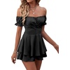 image:imageLYANER Womens Summer Off The Shoulder Wrap Tie Back Short Sleeve Ruffle Romper Dress Short JumpsuitBlack