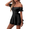 image:imageLYANER Womens Summer Off The Shoulder Wrap Tie Back Short Sleeve Ruffle Romper Dress Short JumpsuitBlack
