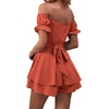 image:imageLYANER Womens Summer Off The Shoulder Wrap Tie Back Short Sleeve Ruffle Romper Dress Short JumpsuitCaramel