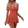 image:imageLYANER Womens Summer Off The Shoulder Wrap Tie Back Short Sleeve Ruffle Romper Dress Short JumpsuitCaramel