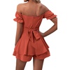 image:imageLYANER Womens Summer Off The Shoulder Wrap Tie Back Short Sleeve Ruffle Romper Dress Short JumpsuitCaramel
