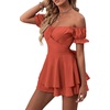 image:imageLYANER Womens Summer Off The Shoulder Wrap Tie Back Short Sleeve Ruffle Romper Dress Short JumpsuitCaramel
