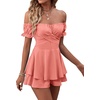 image:imageLYANER Womens Summer Off The Shoulder Wrap Tie Back Short Sleeve Ruffle Romper Dress Short JumpsuitCoral Pink