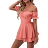 image:imageLYANER Womens Summer Off The Shoulder Wrap Tie Back Short Sleeve Ruffle Romper Dress Short JumpsuitCoral Pink