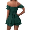 image:imageLYANER Womens Summer Off The Shoulder Wrap Tie Back Short Sleeve Ruffle Romper Dress Short JumpsuitDark Green