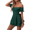 image:imageLYANER Womens Summer Off The Shoulder Wrap Tie Back Short Sleeve Ruffle Romper Dress Short JumpsuitDark Green