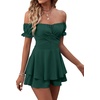 image:imageLYANER Womens Summer Off The Shoulder Wrap Tie Back Short Sleeve Ruffle Romper Dress Short JumpsuitDark Green