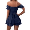image:imageLYANER Womens Summer Off The Shoulder Wrap Tie Back Short Sleeve Ruffle Romper Dress Short JumpsuitDeep Blue