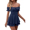 image:imageLYANER Womens Summer Off The Shoulder Wrap Tie Back Short Sleeve Ruffle Romper Dress Short JumpsuitDeep Blue