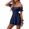 image:imageLYANER Womens Summer Off The Shoulder Wrap Tie Back Short Sleeve Ruffle Romper Dress Short JumpsuitDeep Blue