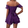 image:imageLYANER Womens Summer Off The Shoulder Wrap Tie Back Short Sleeve Ruffle Romper Dress Short JumpsuitDeep Purple