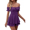image:imageLYANER Womens Summer Off The Shoulder Wrap Tie Back Short Sleeve Ruffle Romper Dress Short JumpsuitDeep Purple