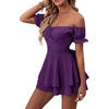 image:imageLYANER Womens Summer Off The Shoulder Wrap Tie Back Short Sleeve Ruffle Romper Dress Short JumpsuitDeep Purple