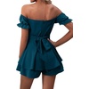 image:imageLYANER Womens Summer Off The Shoulder Wrap Tie Back Short Sleeve Ruffle Romper Dress Short JumpsuitDeep Teal