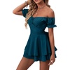 image:imageLYANER Womens Summer Off The Shoulder Wrap Tie Back Short Sleeve Ruffle Romper Dress Short JumpsuitDeep Teal