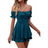 image:imageLYANER Womens Summer Off The Shoulder Wrap Tie Back Short Sleeve Ruffle Romper Dress Short JumpsuitDeep Teal