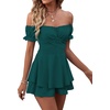 image:imageLYANER Womens Summer Off The Shoulder Wrap Tie Back Short Sleeve Ruffle Romper Dress Short JumpsuitDeep Teal Green