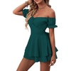 image:imageLYANER Womens Summer Off The Shoulder Wrap Tie Back Short Sleeve Ruffle Romper Dress Short JumpsuitDeep Teal Green