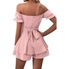 image:imageLYANER Womens Summer Off The Shoulder Wrap Tie Back Short Sleeve Ruffle Romper Dress Short JumpsuitDusty Pink