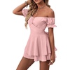 image:imageLYANER Womens Summer Off The Shoulder Wrap Tie Back Short Sleeve Ruffle Romper Dress Short JumpsuitDusty Pink