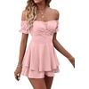 image:imageLYANER Womens Summer Off The Shoulder Wrap Tie Back Short Sleeve Ruffle Romper Dress Short JumpsuitDusty Pink