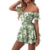 image:imageLYANER Womens Summer Off The Shoulder Wrap Tie Back Short Sleeve Ruffle Romper Dress Short JumpsuitFloral Green Leaves