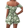 image:imageLYANER Womens Summer Off The Shoulder Wrap Tie Back Short Sleeve Ruffle Romper Dress Short JumpsuitFloral Green Leaves