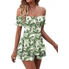 image:imageLYANER Womens Summer Off The Shoulder Wrap Tie Back Short Sleeve Ruffle Romper Dress Short JumpsuitFloral Green Leaves