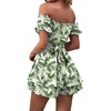 image:imageLYANER Womens Summer Off The Shoulder Wrap Tie Back Short Sleeve Ruffle Romper Dress Short JumpsuitFloral Green Leaves