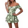 image:imageLYANER Womens Summer Off The Shoulder Wrap Tie Back Short Sleeve Ruffle Romper Dress Short JumpsuitFloral Green Leaves