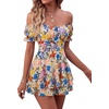image:imageLYANER Womens Summer Off The Shoulder Wrap Tie Back Short Sleeve Ruffle Romper Dress Short JumpsuitFloral Light Pink