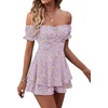 image:imageLYANER Womens Summer Off The Shoulder Wrap Tie Back Short Sleeve Ruffle Romper Dress Short JumpsuitFloral Light Purple