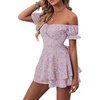 image:imageLYANER Womens Summer Off The Shoulder Wrap Tie Back Short Sleeve Ruffle Romper Dress Short JumpsuitFloral Light Purple