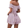 image:imageLYANER Womens Summer Off The Shoulder Wrap Tie Back Short Sleeve Ruffle Romper Dress Short JumpsuitFloral Light Purple