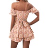 image:imageLYANER Womens Summer Off The Shoulder Wrap Tie Back Short Sleeve Ruffle Romper Dress Short JumpsuitFloral Light Red