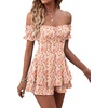image:imageLYANER Womens Summer Off The Shoulder Wrap Tie Back Short Sleeve Ruffle Romper Dress Short JumpsuitFloral Light Red