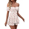 image:imageLYANER Womens Summer Off The Shoulder Wrap Tie Back Short Sleeve Ruffle Romper Dress Short JumpsuitFloral Pink