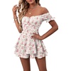 image:imageLYANER Womens Summer Off The Shoulder Wrap Tie Back Short Sleeve Ruffle Romper Dress Short JumpsuitFloral Pink