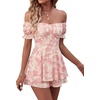 image:imageLYANER Womens Summer Off The Shoulder Wrap Tie Back Short Sleeve Ruffle Romper Dress Short JumpsuitFloral Print Pink