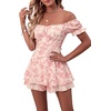 image:imageLYANER Womens Summer Off The Shoulder Wrap Tie Back Short Sleeve Ruffle Romper Dress Short JumpsuitFloral Print Pink
