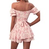 image:imageLYANER Womens Summer Off The Shoulder Wrap Tie Back Short Sleeve Ruffle Romper Dress Short JumpsuitFloral Print Pink