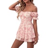 image:imageLYANER Womens Summer Off The Shoulder Wrap Tie Back Short Sleeve Ruffle Romper Dress Short JumpsuitFloral Print Pink