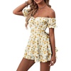 image:imageLYANER Womens Summer Off The Shoulder Wrap Tie Back Short Sleeve Ruffle Romper Dress Short JumpsuitFloral Yellow