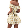 image:imageLYANER Womens Summer Off The Shoulder Wrap Tie Back Short Sleeve Ruffle Romper Dress Short JumpsuitFloral Yellow