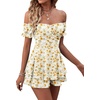 image:imageLYANER Womens Summer Off The Shoulder Wrap Tie Back Short Sleeve Ruffle Romper Dress Short JumpsuitFloral Yellow