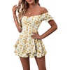 image:imageLYANER Womens Summer Off The Shoulder Wrap Tie Back Short Sleeve Ruffle Romper Dress Short JumpsuitFloral Yellow