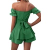 image:imageLYANER Womens Summer Off The Shoulder Wrap Tie Back Short Sleeve Ruffle Romper Dress Short JumpsuitGreen