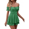 image:imageLYANER Womens Summer Off The Shoulder Wrap Tie Back Short Sleeve Ruffle Romper Dress Short JumpsuitGreen