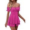 image:imageLYANER Womens Summer Off The Shoulder Wrap Tie Back Short Sleeve Ruffle Romper Dress Short JumpsuitHot Pink